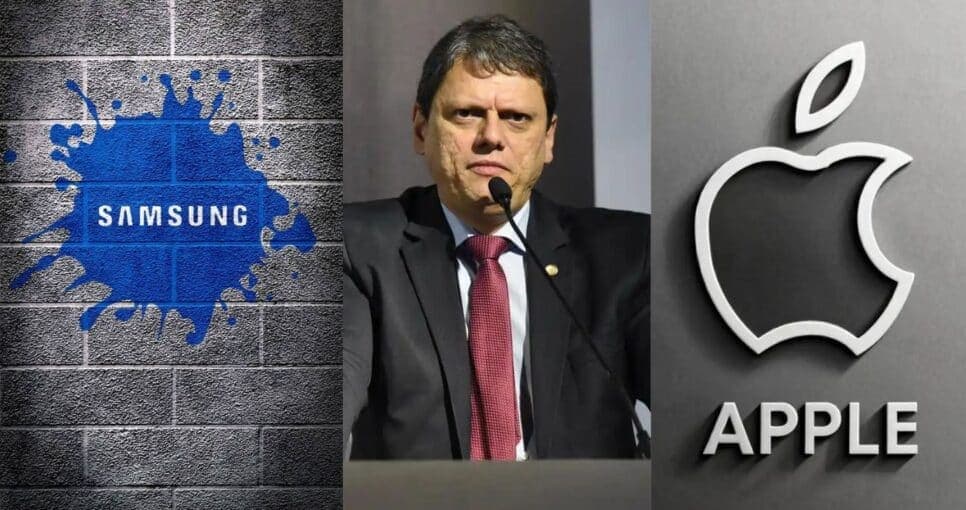 Logo Samsung / Tarcísio de Freitas /Logo Apple - Montagem: TVFOCO Logo Samsung / Tarcísio de Freitas /Logo Apple - Montagem: TVFOCO