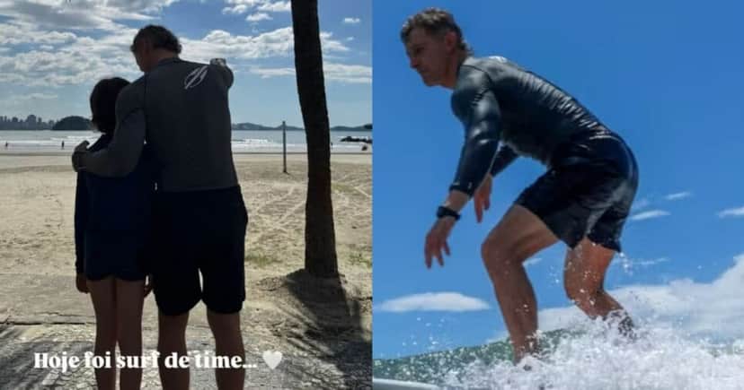 O empresário ao lado do seu filho surfando (Foto: Reprodução/Montagem TV Foco) O empresário ao lado do seu filho surfando (Foto: Reprodução/Montagem TV Foco)