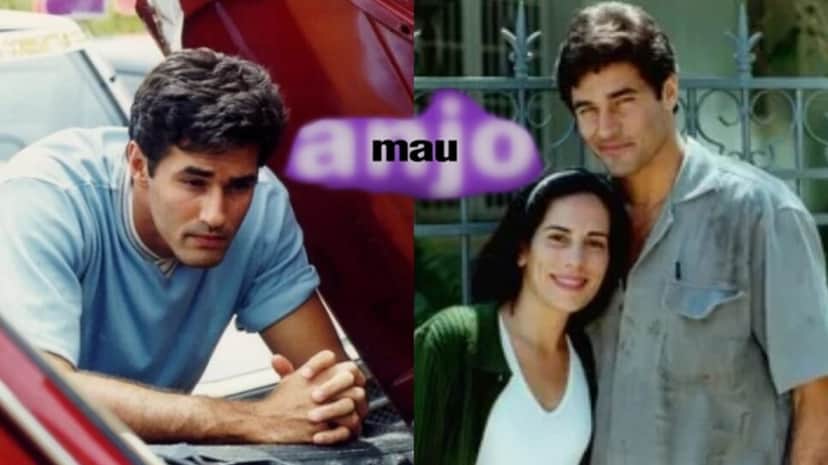 O ex-modelo em seu primeiro trabalho na novela Anjo Mau, ao lado de Glória Pires (Fotos: Reprodução/ Divulgação, TV Globo/ Montagem TV Foco) O ex-modelo em seu primeiro trabalho na novela Anjo Mau, ao lado de Glória Pires (Fotos: Reprodução/ Divulgação, TV Globo/ Montagem TV Foco)