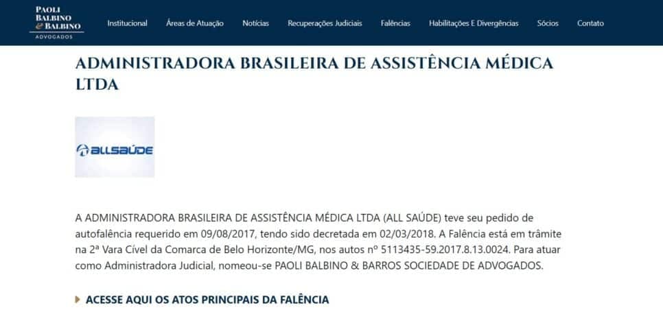 Anúncio sobre a falência da ALL Saúde no site oficial dos advogados representantes (Foto Reprodução/Paolli) Anúncio sobre a falência da ALL Saúde no site oficial dos advogados representantes (Foto Reprodução/Paolli)