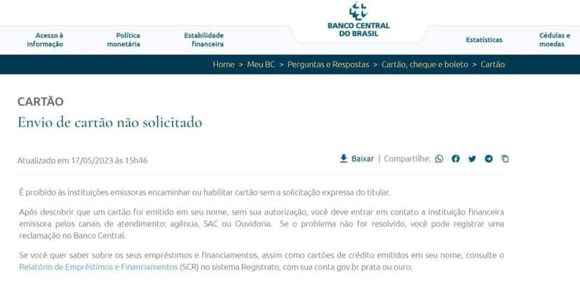Anúncio do BC sobre cartões de crédito emitidos sem consentimento (Foto Reprodução/site oficial BC) Anúncio do BC sobre cartões de crédito emitidos sem consentimento (Foto Reprodução/site oficial BC)