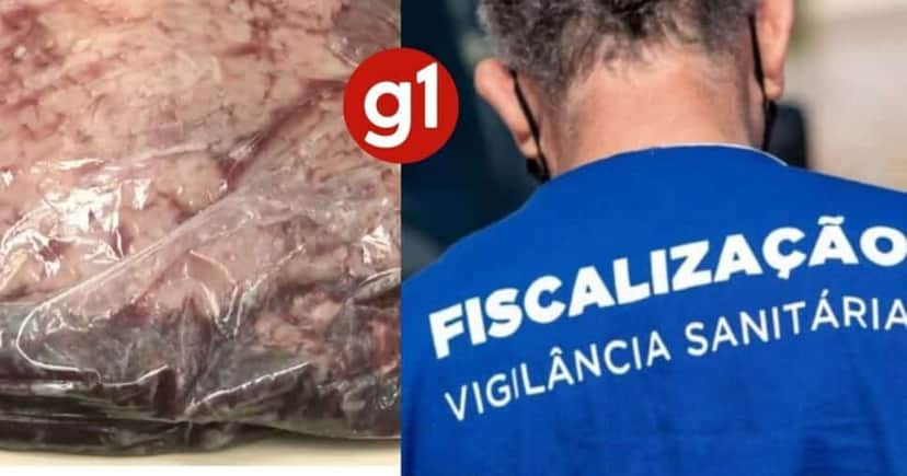 Carne estragada, logo do G1 e agente da Vigilância Sanitária (Fotos: Reproduções / Globo / Internet) Carne estragada, logo do G1 e agente da Vigilância Sanitária (Fotos: Reproduções / Globo / Internet)
