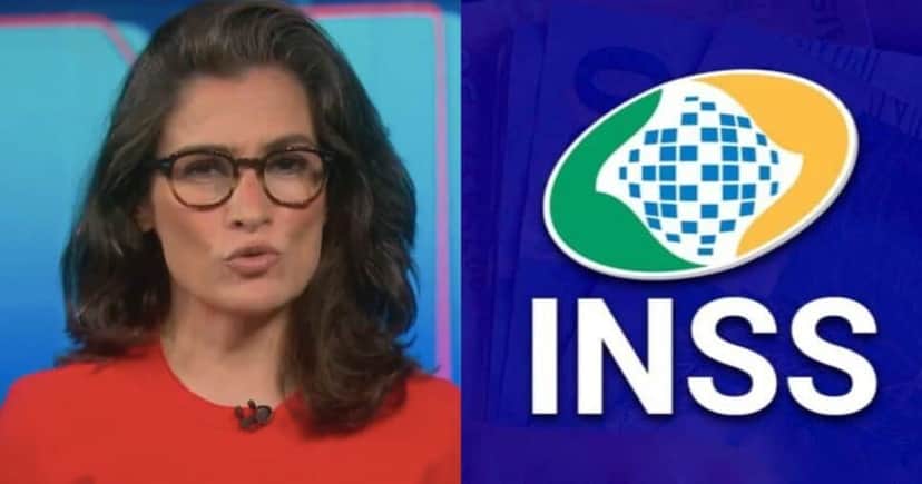Renata Vasconcellos no Jornal Nacional e logo do INSS (Fotos: Reproduções / Globo / Internet) Renata Vasconcellos no Jornal Nacional e logo do INSS (Fotos: Reproduções / Globo / Internet)