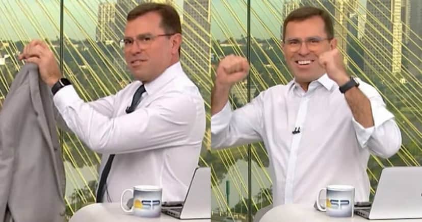 Bocardi tira o paletó ao vivo na Globo e chama atenção no Bom Dia São Paulo (Foto: Reprodução/Montagem TV Foco) Bocardi tira o paletó ao vivo na Globo e chama atenção no Bom Dia São Paulo (Foto: Reprodução/Montagem TV Foco)