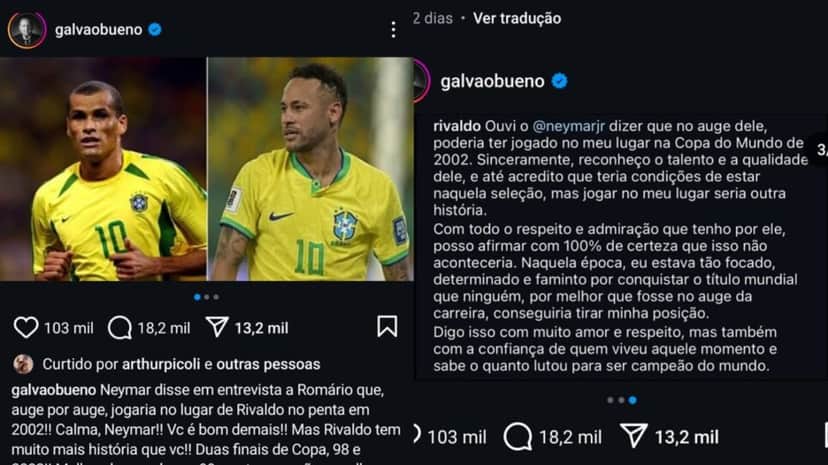 Narrador expõe sua opinião e destaca trechos da discussão em publicação (Foto: Reprodução/ Instagram/ Montagem) Narrador expõe sua opinião e destaca trechos da discussão em publicação (Foto: Reprodução/ Instagram/ Montagem)