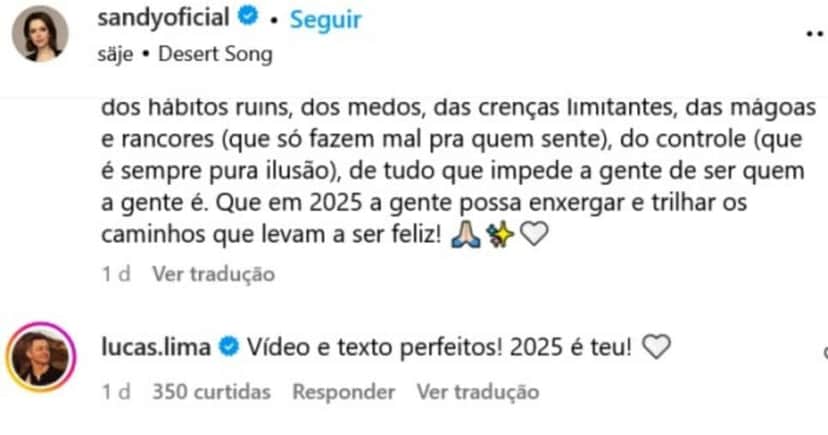 Sandy e Lucas Lima interagem nas redes sociais (Foto: Reprodução) Sandy e Lucas Lima interagem nas redes sociais (Foto: Reprodução)