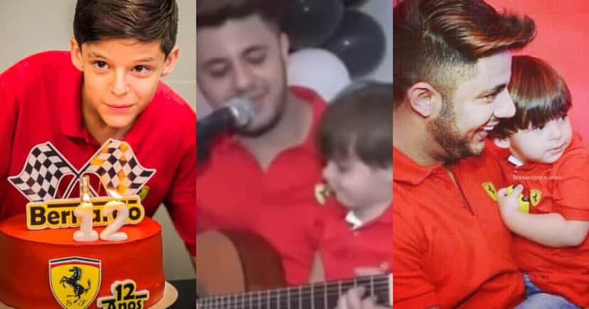 Filho de Cristiano Araújo, Bernardo usa camisa do pai em aniversário de 12 anos (Foto: Reprodução/Montagem TV Foco) Filho de Cristiano Araújo, Bernardo usa camisa do pai em aniversário de 12 anos (Foto: Reprodução/Montagem TV Foco)