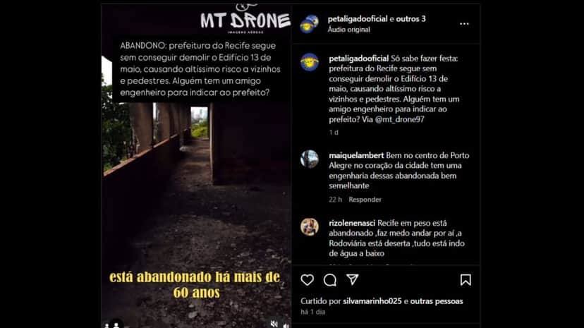 Perfil oficial no Instagram denunciou que o Edifício 13 de Maio ainda não foi demolido (Foto Reprodução/Instagram) Perfil oficial no Instagram denunciou que o Edifício 13 de Maio ainda não foi demolido (Foto Reprodução/Instagram)