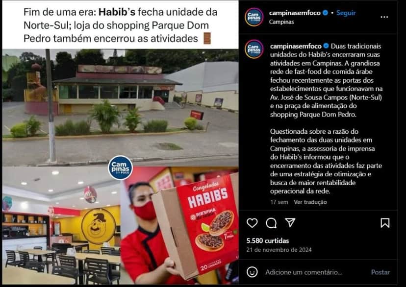Notícia do encerramento pelo Campinas em Foco (Foto Reprodução/Instagram) Notícia do encerramento pelo Campinas em Foco (Foto Reprodução/Instagram)