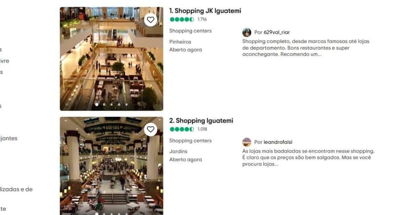 Ranking de melhores shoppings conforme opiniões destacadas no TripAdvidor (Foto Reprodução/Trip) Ranking de melhores shoppings conforme opiniões destacadas no TripAdvidor (Foto Reprodução/Trip)