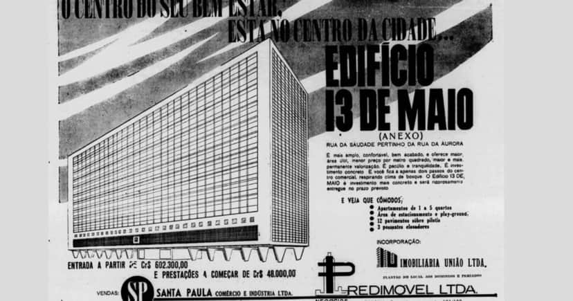 Edifício 13 de Maio sendo anunciado em reclame publicitário em meados de 1959 (Foto Reprodução/YouTube) Edifício 13 de Maio sendo anunciado em reclame publicitário em meados de 1959 (Foto Reprodução/YouTube)