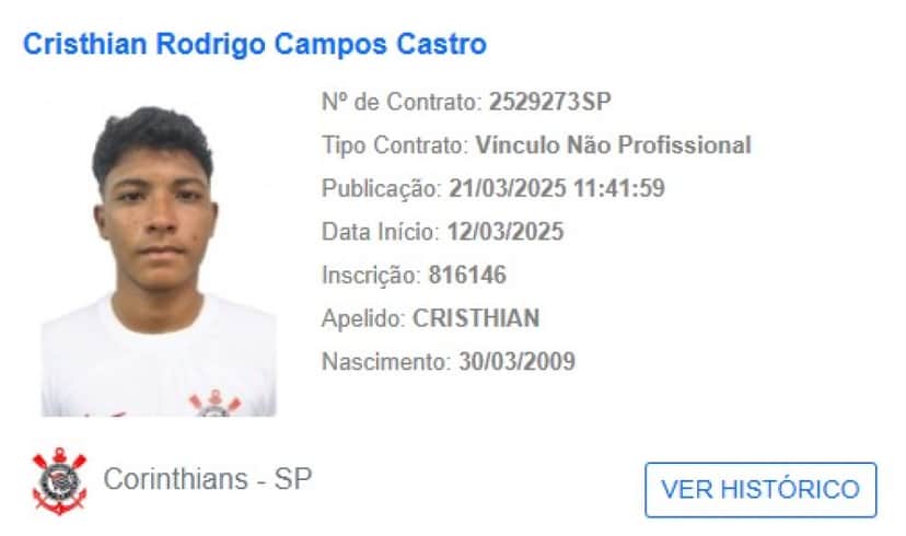 Christian Rodrigo novo reforço do Sub-17 do Corinthians em 2025 (Foto: Reprodução/ Internet) Christian Rodrigo novo reforço do Sub-17 do Corinthians em 2025 (Foto: Reprodução/ Internet)