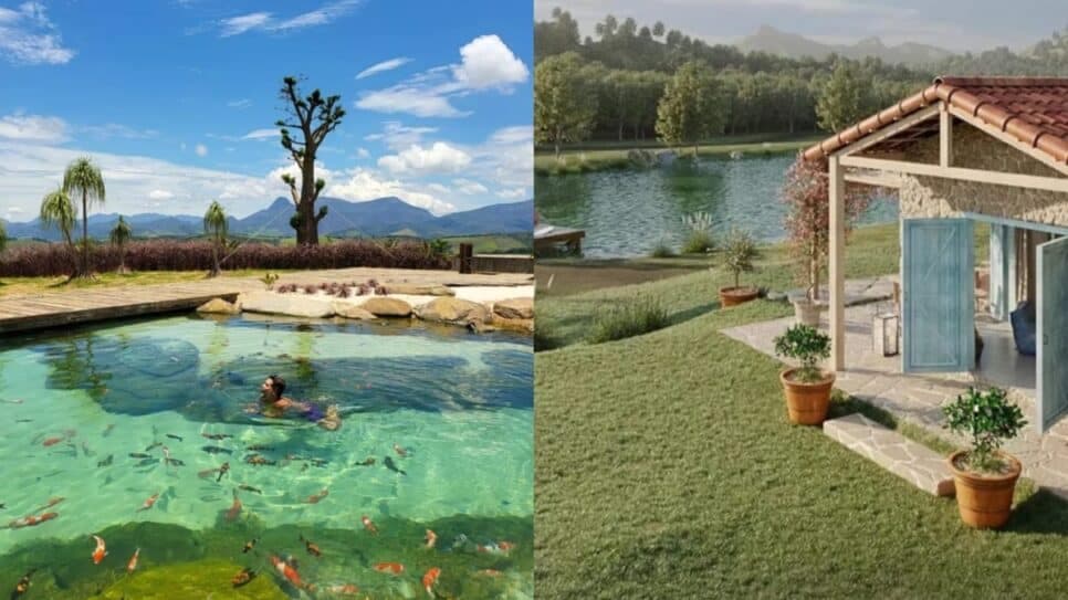 Vista da mansão e do lago próprio: paisagismo é destaque nas terras de Gagliasso (Fotos: Reprodução/ YouTube/ Montagem) Vista da mansão e do lago próprio: paisagismo é destaque nas terras de Gagliasso (Fotos: Reprodução/ YouTube/ Montagem)