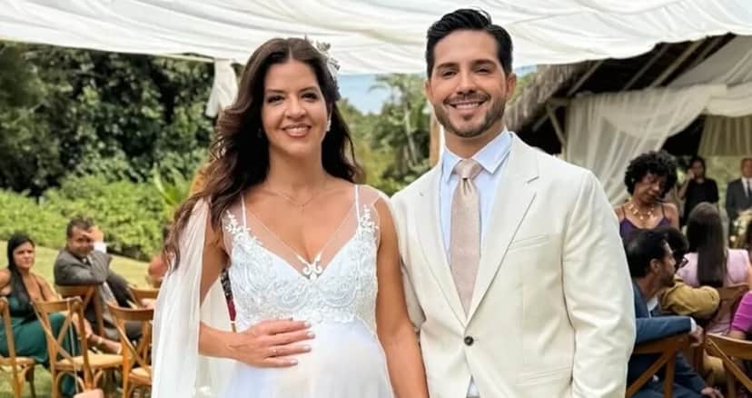 Após ser sequestrada, a persoagem grávida se casa com Gael como planejado (Foto: Reprodução/ Divulgação, TV Globo) Após ser sequestrada, a persoagem grávida se casa com Gael como planejado (Foto: Reprodução/ Divulgação, TV Globo)