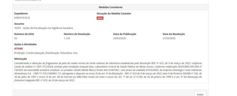 Resolução parte 1 contra o lote da canela moída (Foto Reprodução/ANVISA) Resolução parte 1 contra o lote da canela moída (Foto Reprodução/ANVISA)