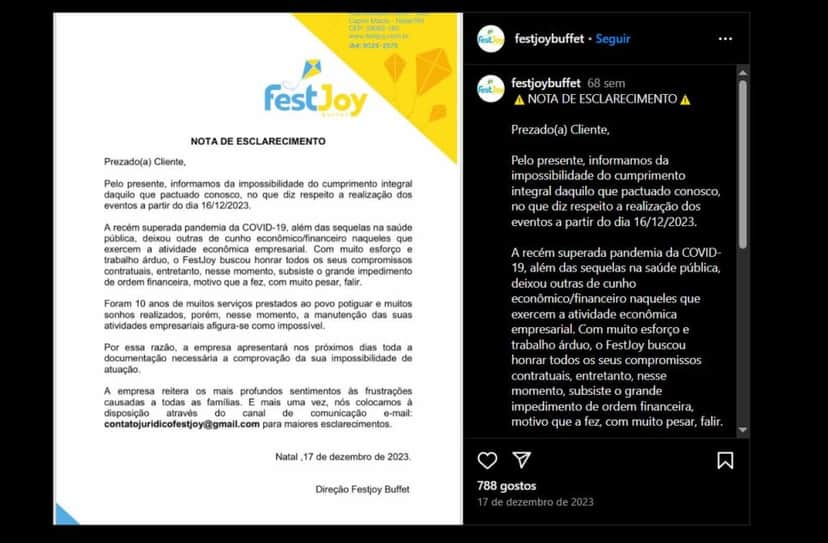 Comunicado público sobre a falência da Fest Joy (Foto Reprodução/Instagram) Comunicado público sobre a falência da Fest Joy (Foto Reprodução/Instagram)