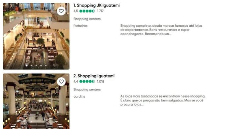 Shopping Iguatemi segue liderando (Foto Reprodução/TripAdvisor) Shopping Iguatemi segue liderando (Foto Reprodução/TripAdvisor)