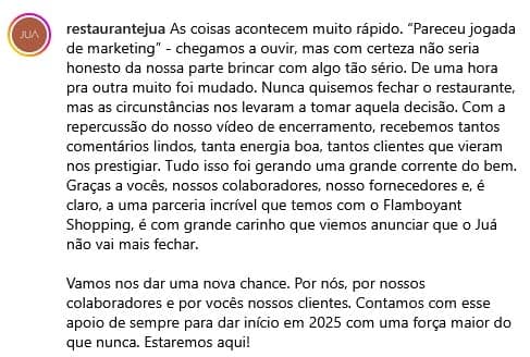 Comunicado oficial do Restaurante Juá (Foto: Reprodução / Instagram) Comunicado oficial do Restaurante Juá (Foto: Reprodução / Instagram)