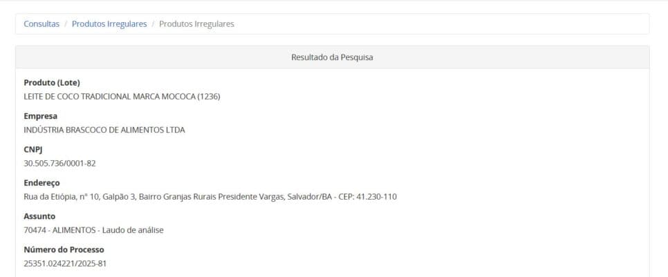 Proibição contra lote do Leite de coco Mococa PT 1 (Foto Reprodução/ANVISA) Proibição contra lote do Leite de coco Mococa PT 1 (Foto Reprodução/ANVISA)