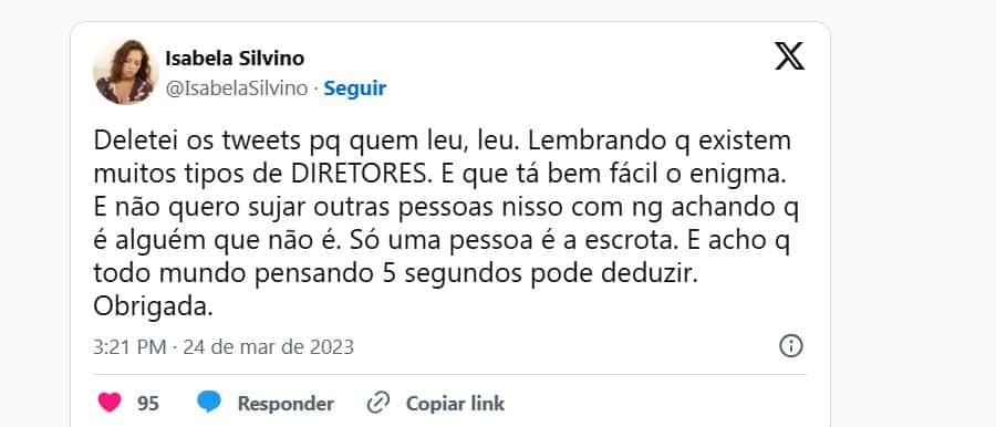 Postagem de Isabela Silvino no antigo Twitter, o X (Foto Reprodução/Redes sociais) Postagem de Isabela Silvino no antigo Twitter, o X (Foto Reprodução/Redes sociais)