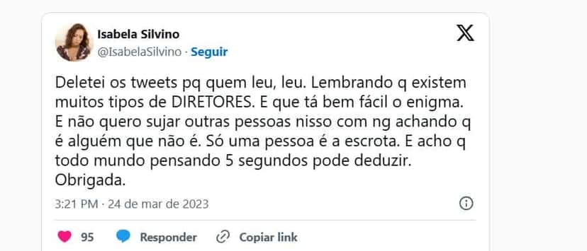 Postagem de Isabela Silvino no antigo Twitter, o X (Foto Reprodução/Redes sociais) Postagem de Isabela Silvino no antigo Twitter, o X (Foto Reprodução/Redes sociais)