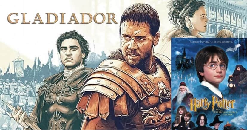 Gladiador e Harry Potter e a Pedra Filosofal (Foto Reprodução/Montagem/Tv Foco/Canva/Internet) Gladiador e Harry Potter e a Pedra Filosofal (Foto Reprodução/Montagem/Tv Foco/Canva/Internet)
