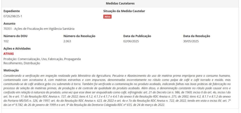 Resolução da ANVISA contra lote da marca de café -Master Blends, parte 2 (Foto: Reprodução/ANVISA) Resolução da ANVISA contra lote da marca de café -Master Blends, parte 2 (Foto: Reprodução/ANVISA)