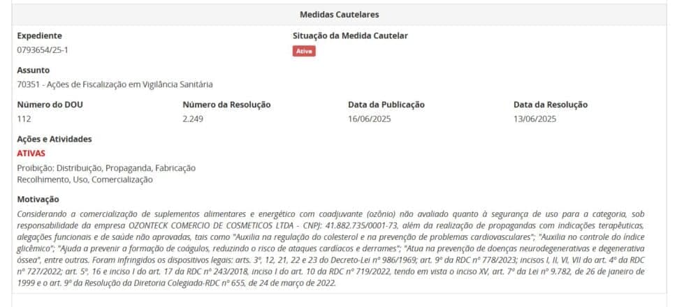 Resolução da ANVISA contra a OZONTECK, parte 2 (Foto Reprodução/ANVISA) Resolução da ANVISA contra a OZONTECK, parte 2 (Foto Reprodução/ANVISA)