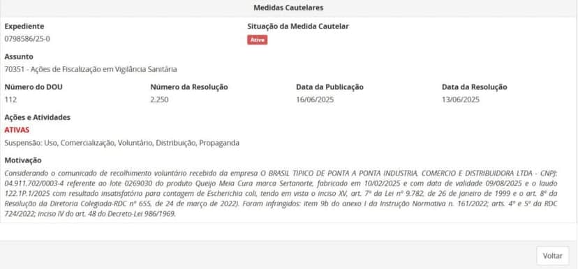 Resolução da ANVISA comunicando retirada do queijo Sertanorte parte 2 (Foto: Reprodução/ANVISA) Resolução da ANVISA comunicando retirada do queijo Sertanorte parte 2 (Foto: Reprodução/ANVISA)