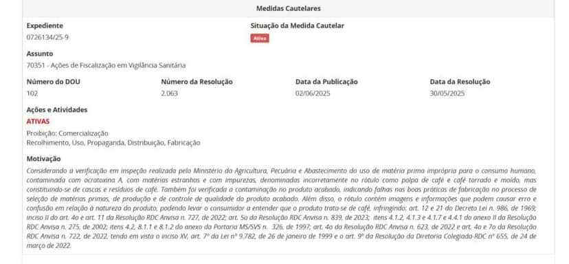 Proibição da ANVISA contra marca Pingo Preto de café em pó pt 2 (Foto Reprodução/ANVISA) Proibição da ANVISA contra marca Pingo Preto de café em pó pt 2 (Foto Reprodução/ANVISA)