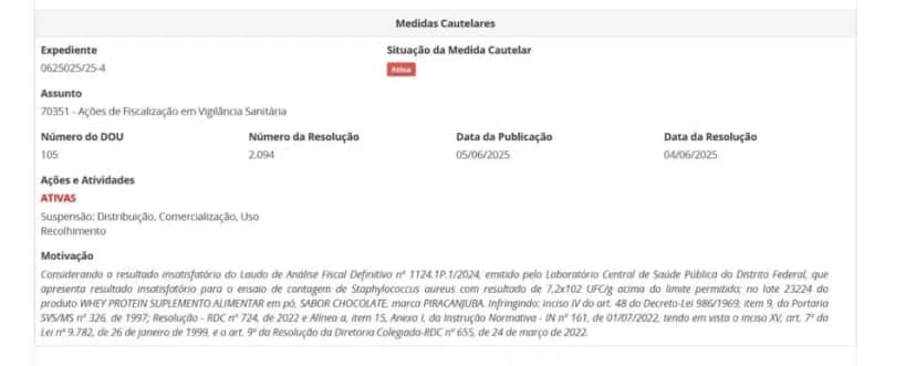 Resolução da ANVISA contra lote de Whey Protein da Piracanjuba (Foto Reprodução/Montagem/ANVISA) Resolução da ANVISA contra lote de Whey Protein da Piracanjuba (Foto Reprodução/Montagem/ANVISA)