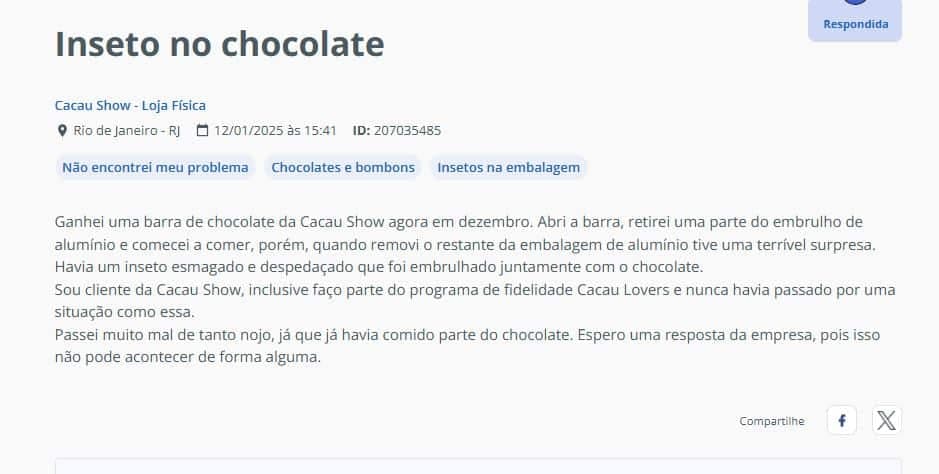 Denúncia de cliente contra uma das barras de chocolate da Cacau Show (Foto Reprodução/RA) Denúncia de cliente contra uma das barras de chocolate da Cacau Show (Foto Reprodução/RA)