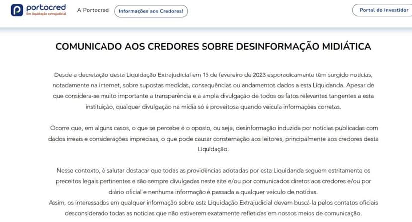 Comunicado da Portocred (Foto Reprodução/Portocred) Comunicado da Portocred (Foto Reprodução/Portocred)