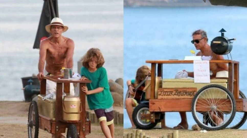 Mário Gomes com seu carrinho de sanduíches nas praias cariocas (Foto: Reprodução/ Cristiana Silva/ Jornal Extra/ Montagem) Mário Gomes com seu carrinho de sanduíches nas praias cariocas (Foto: Reprodução/ Cristiana Silva/ Jornal Extra/ Montagem)