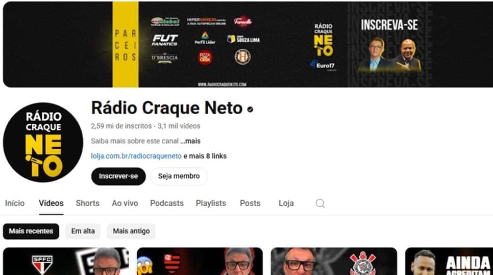 "Rádio Craque Neto" é canal no YouTube do comunicador acessado por milhares de fanáticos por futebol diariamente (Foto: Reprodução/ YouTube) "Rádio Craque Neto" é canal no YouTube do comunicador acessado por milhares de fanáticos por futebol diariamente (Foto: Reprodução/ YouTube)