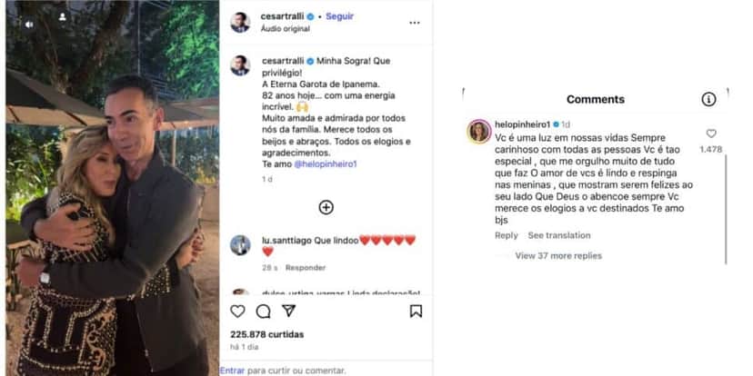 Publicação de César Tralli e comentário de Helô Pinheiro (Foto: Reprodução / Instagram) Publicação de César Tralli e comentário de Helô Pinheiro (Foto: Reprodução / Instagram)