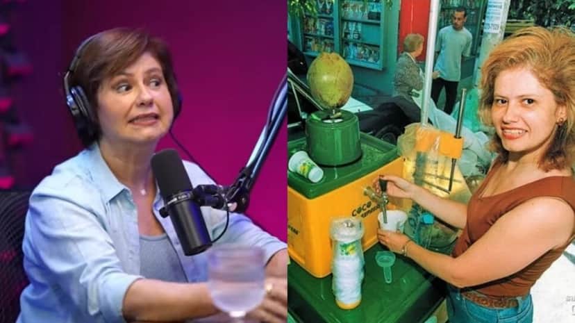 Atriz da Globo no "Papagaio Falante" e em registro com seu carrinho de água de coco (Foto: Reprodução/ Divulgação/ YouTube/ Montagem) Atriz da Globo no "Papagaio Falante" e em registro com seu carrinho de água de coco (Foto: Reprodução/ Divulgação/ YouTube/ Montagem)