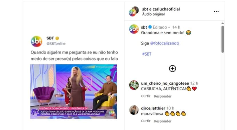 Perfil do canal e da apresentadora se unem em meme de momento no palco do Fofocalizando (Foto: Reprodução/ Instagram) Perfil do canal e da apresentadora se unem em meme de momento no palco do Fofocalizando (Foto: Reprodução/ Instagram)