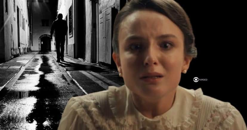 Ilustração de homem misterioso e Estela em Êta Mundo Melhor! (Foto: Reprodução / Globo / Montagem TV Foco) Ilustração de homem misterioso e Estela em Êta Mundo Melhor! (Foto: Reprodução / Globo / Montagem TV Foco)