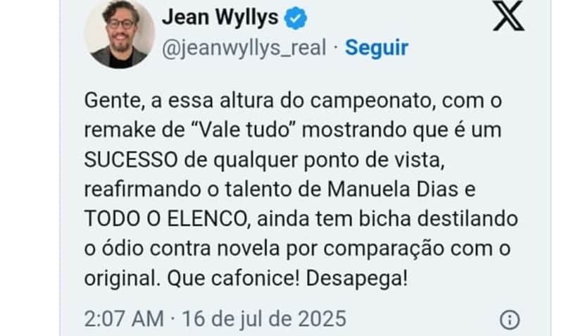 Jean Wyllys defende remake e autora de "Vale Tudo" (Foto: Reprodução/ X) Jean Wyllys defende remake e autora de "Vale Tudo" (Foto: Reprodução/ X)