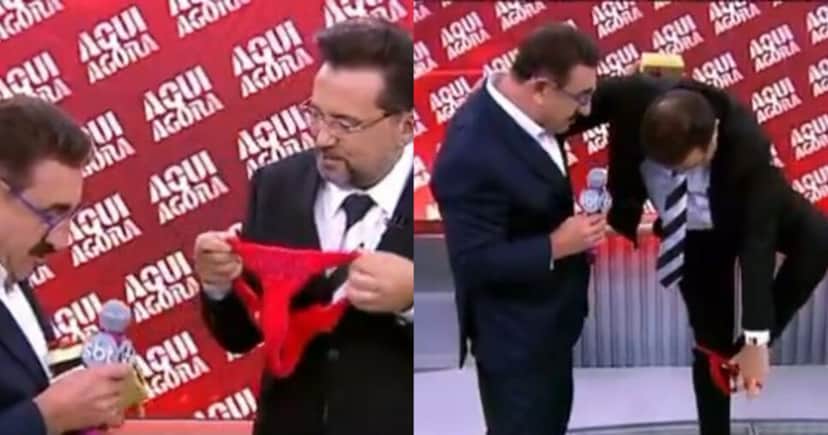 Ratinho presenteia Geraldo Luís com calcinha ao vivo no SBT (Foto: Reprodução/Montagem TV Foco) Ratinho presenteia Geraldo Luís com calcinha ao vivo no SBT (Foto: Reprodução/Montagem TV Foco)