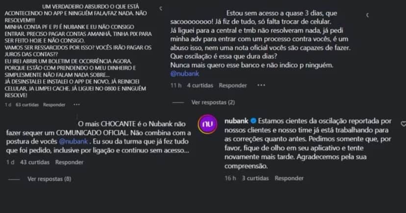 Enxurrada de reclamações (Foto Reprodução/Instagram Nubank Oficial) Enxurrada de reclamações (Foto Reprodução/Instagram Nubank Oficial)