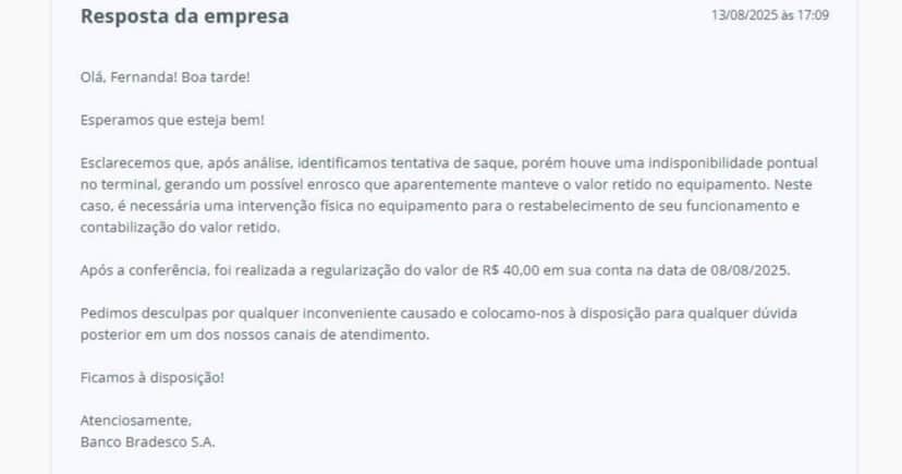 Resposta do Bradesco (Foto Reprodução/Reclame Aqui) Resposta do Bradesco (Foto Reprodução/Reclame Aqui)