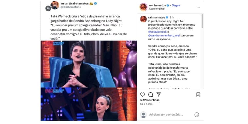 Sandra Annenberg e Tata Werneck no Lady Night (Foto: Reprodução / Instagram) Sandra Annenberg e Tata Werneck no Lady Night (Foto: Reprodução / Instagram)
