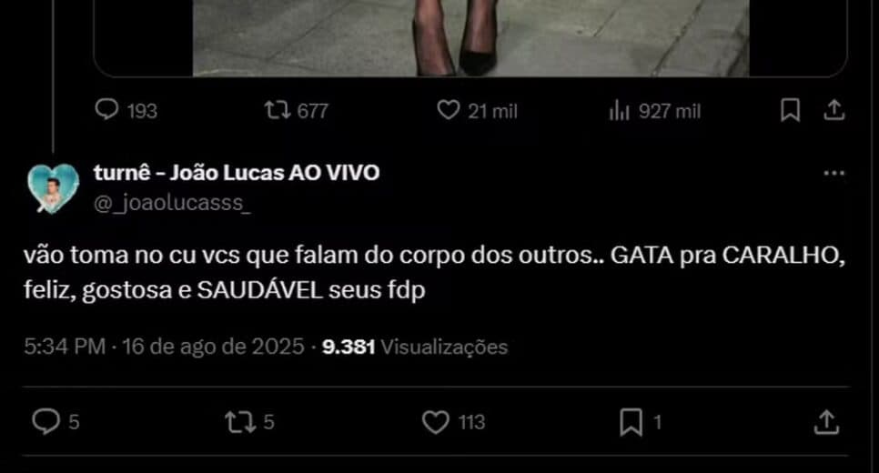 João Lucas se revoltou com quem falou do corpo de Sasha (Foto: Reprodução/ Internet) João Lucas se revoltou com quem falou do corpo de Sasha (Foto: Reprodução/ Internet)