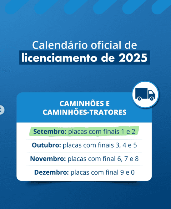 Se o seu veículo tem placas com finais 5 e 6 (passageiros, ônibus, reboque e semirreboque), setembro é o mês do licenciamento obrigatório - Foto: Instagram Se o seu veículo tem placas com finais 5 e 6 (passageiros, ônibus, reboque e semirreboque), setembro é o mês do licenciamento obrigatório - Foto: Instagram
