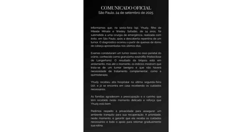 Comunicado sobre procedimento de Yhudy (Foto: Reprodução / Instagram) Comunicado sobre procedimento de Yhudy (Foto: Reprodução / Instagram)