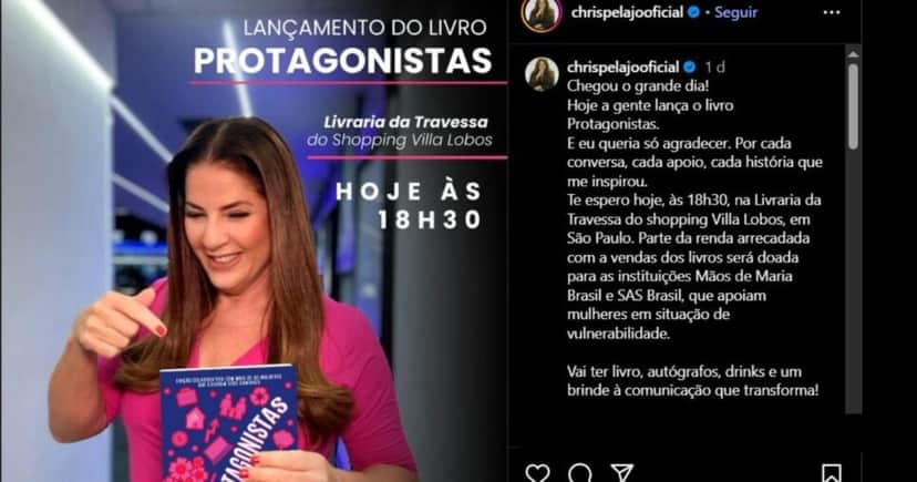 Christiane Pelajo divulgando o lançamento do seu novo livro Protagonistas (Foto Reprodução/Instagram/@chrispelajooficial) Christiane Pelajo divulgando o lançamento do seu novo livro Protagonistas (Foto Reprodução/Instagram/@chrispelajooficial)