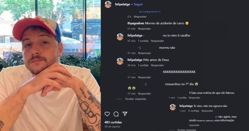 Felipe desmente as fakenews sobre sua morte no perfil oficial (Foto Reprodução/Montagem/Instagram/ Felipe desmente as fakenews sobre sua morte no perfil oficial (Foto Reprodução/Montagem/Instagram/