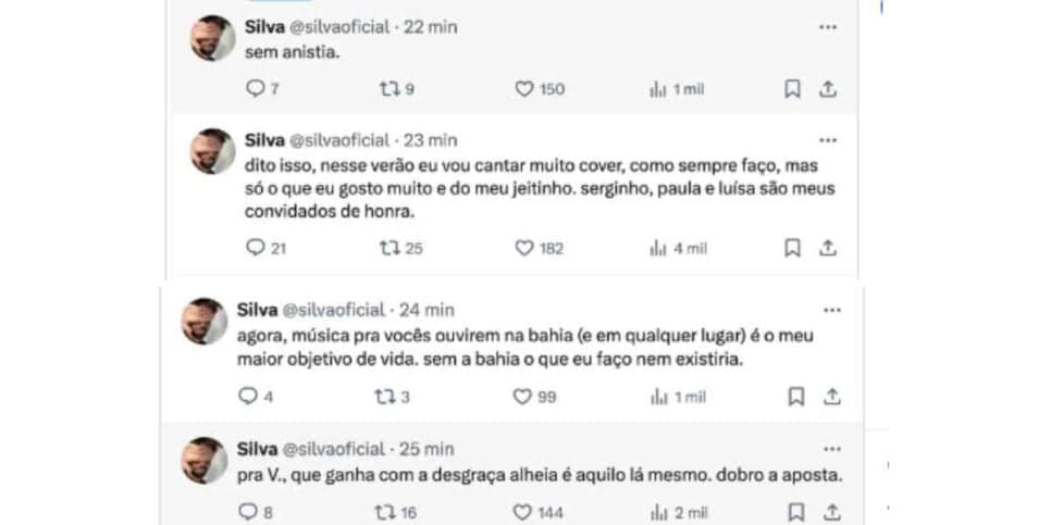 Publicações de Silva no X (Foto: Reprodução / Instagram) Publicações de Silva no X (Foto: Reprodução / Instagram)